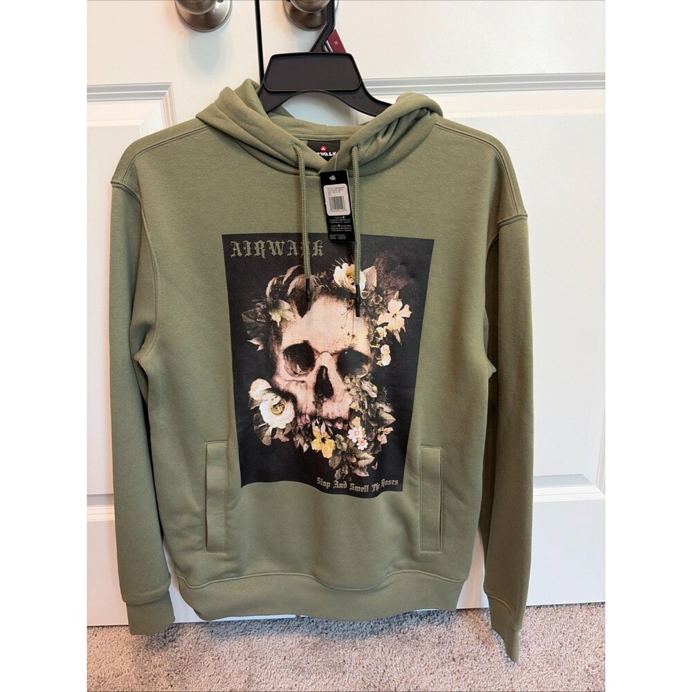 NWT Airwalk Men's Fleece Hoodie Sage Green Skull Flower Graphic Pullover Small